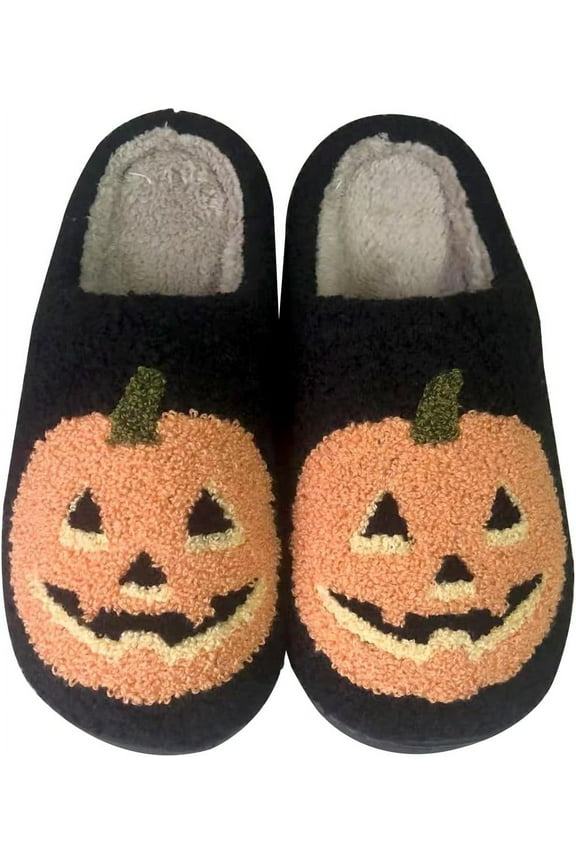 Halloween Pumpkin Slippers for Women Men Spooky Slides Soft Plush Fuzzy Slippers Cozy House Slippers Indoor Outdoor Shoes
