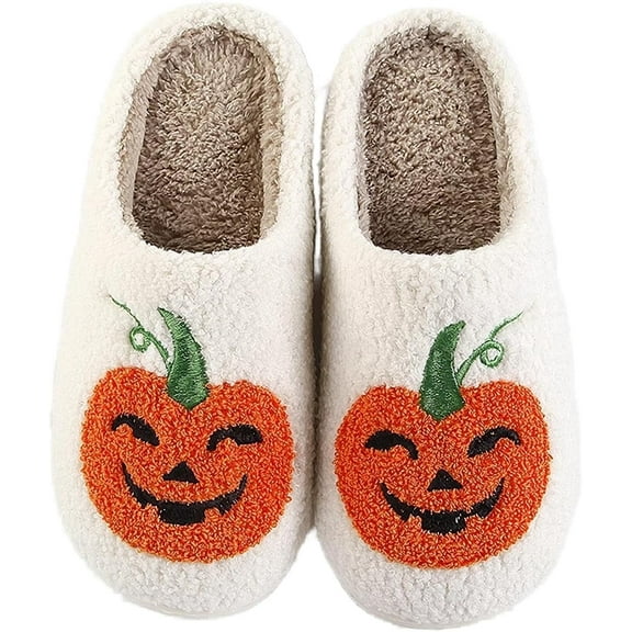 Halloween Pumpkin Slippers for Women Men Spooky Slides Soft Plush Fuzzy Slippers Cozy House Slippers Indoor Outdoor Shoes