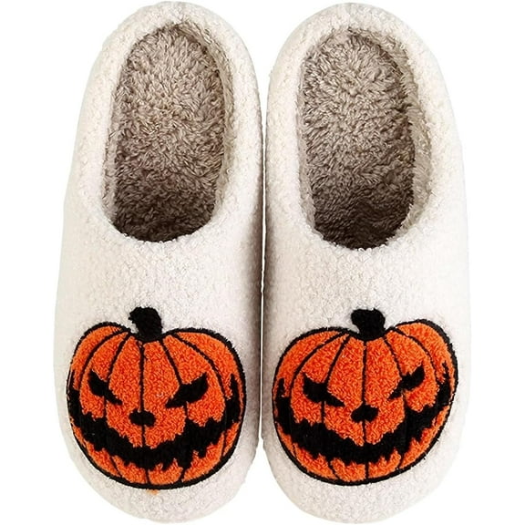 Halloween Pumpkin Slippers for Women Men Spooky Slides Soft Plush House Slippers Indoor Outdoor Shoes