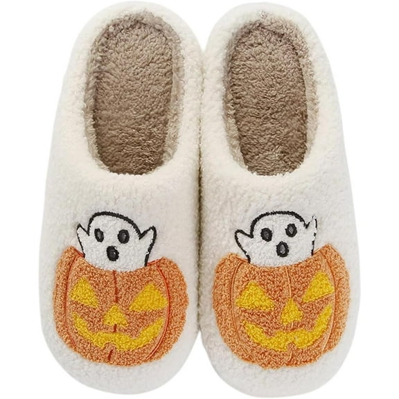 Halloween Pumpkin Slippers for Women Men Spooky Slides Soft Plush House Slippers Indoor Outdoor Shoes