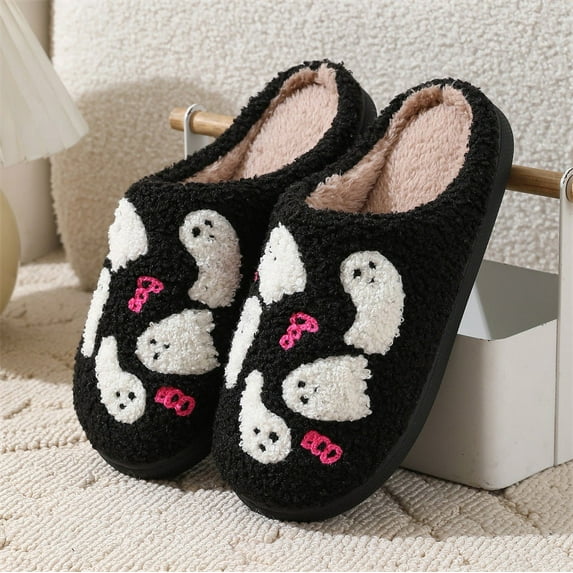 Halloween Pumpkin Slippers for Womens Mens Plush Warm Spooky Lantern Pumpkin Slippers House Shoes