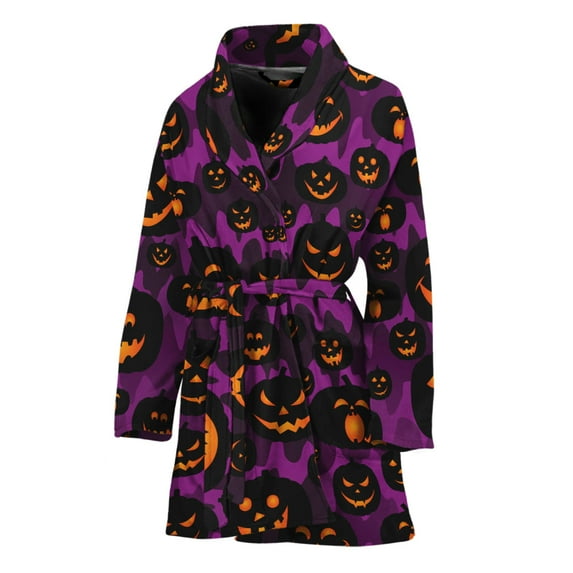 Halloween Pumpkin Smiley Faces Women Bathrobe One Size Univeral Fits, Halloween Decorative Fashion Lightweight Plush Fleece Long Robe For Women