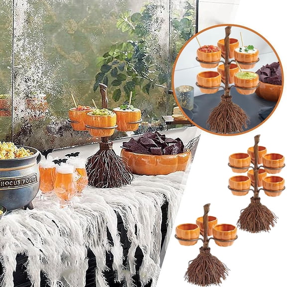 Halloween Pumpkin Snack Bowl Stand on Broom, Collapsible Candy Dessert Tray Holder, Reusable Cupcake Serving Platter, Festive Table Decor for Halloween Party Indoor Holiday Decor, Yellow-A