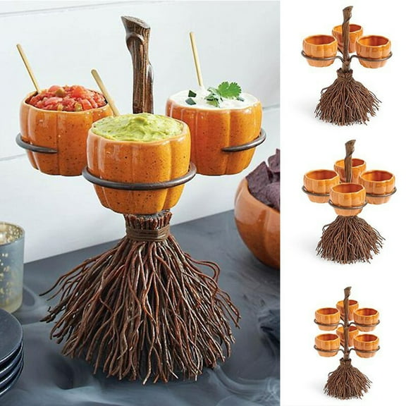 Halloween Pumpkin Snack Bowl Stand - Collapsible Broomstick Party Tray with Detachable Bowls for Candy, Snacks & Desserts - Creative Halloween Party Decor & Serving Set