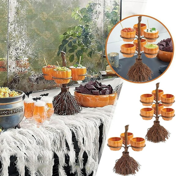 Halloween Pumpkin Snack Bowl Stand Halloween Cupcake Stand Pumpkin Bowls On Broom Pumpkin Snack Holder Pumpkin Snack Tray Halloween Party Supplies for Serving Snacks Salad Dessert