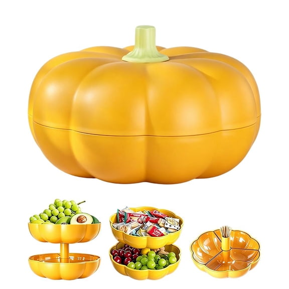 Halloween Pumpkin Snackle Box Container, Big Pumpkin Snack Holder with Lid, Double Layer Serving Container with 3 Divided Compartments, Candy Fruit Nut Tray, Snack Bowl