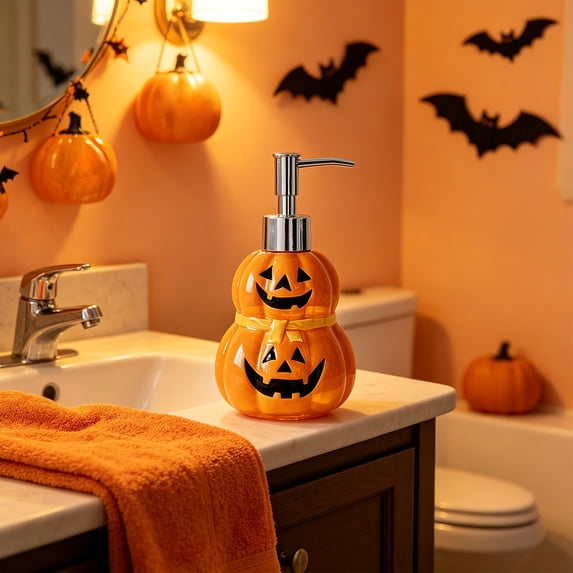 Halloween Pumpkin Soap Dispenser, Funny Ceramic Ghost and Pumpkin Liquid Pump Halloween Decor Indoor, Essential Oil Lotion Bathroom Kitchen (Double Pumpkin)