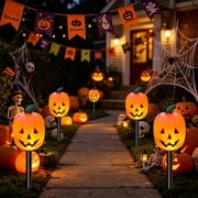 Halloween Pumpkin Solar Garden Stake Lights 5 Pack Jack O Lantern Glowing Pathway Lights with Separate Solar Panel IP65 Waterproof Solar Powered Outdoor Landscape Lights for Yard Lawn Decor