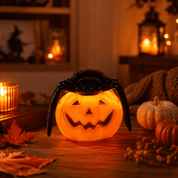 Halloween Pumpkin Spider Lantern, Orange Plastic LED Night Light with Warm Yellow Glow, Tabletop Decor for Bedroom Living Room Party Thanksgiving