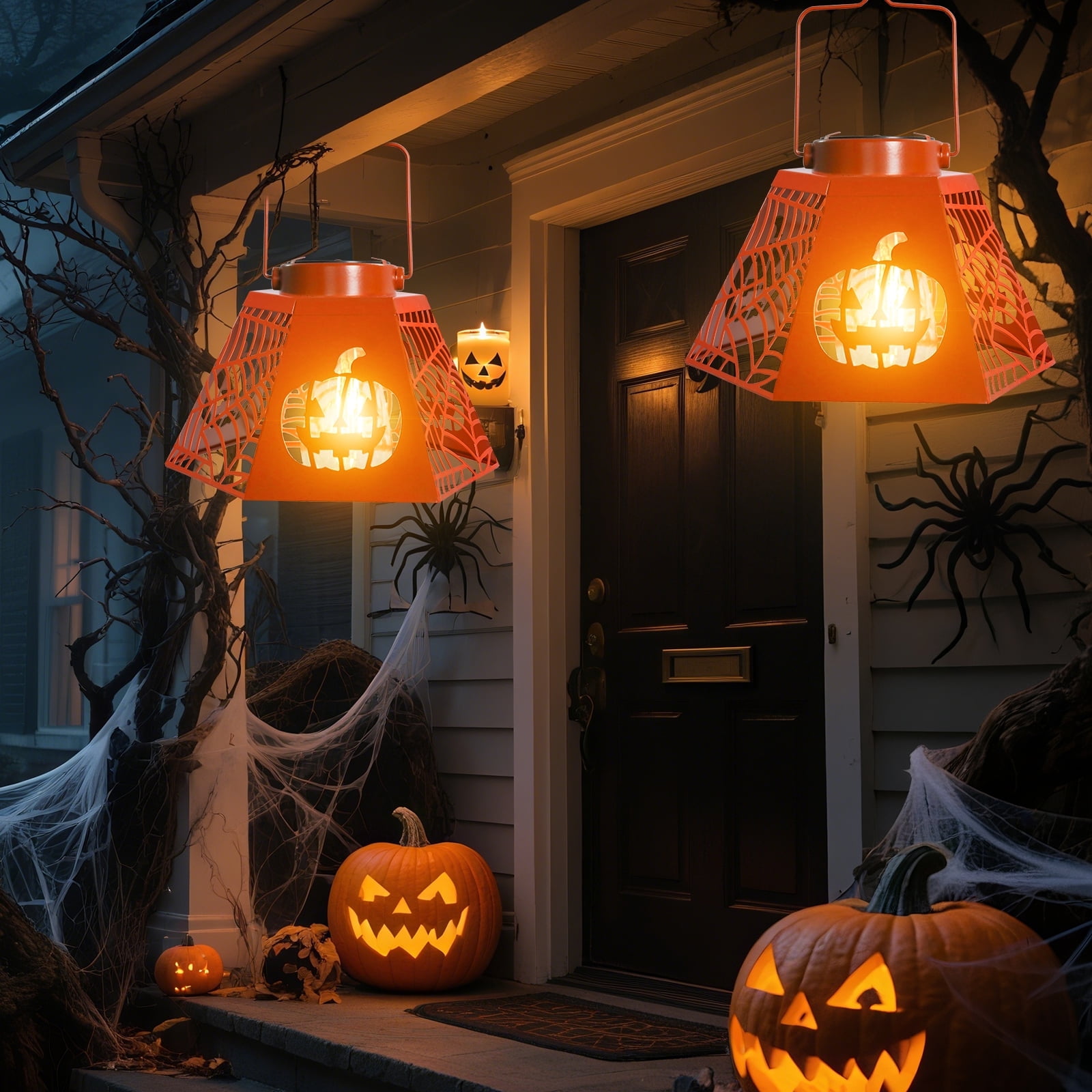 2PCS Halloween Pumpkin & Spider - Web Solar Lantern – Orange