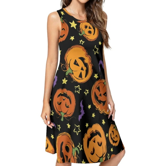 Halloween Pumpkin Spring Summer Dresses for Women Fashion T-shirt Dress Casual Sleeveless Loose Sundress with Pockets