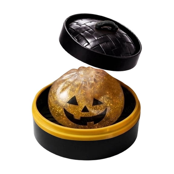 Halloween Pumpkin Squishy Toy, Black Glow in Dark Stress Relief Ball, Sensory Fidget Toy with Sparkle, Jack O'Lantern Face Design, Goodie Bag Gift, Squeeze Toy with Storage Case.