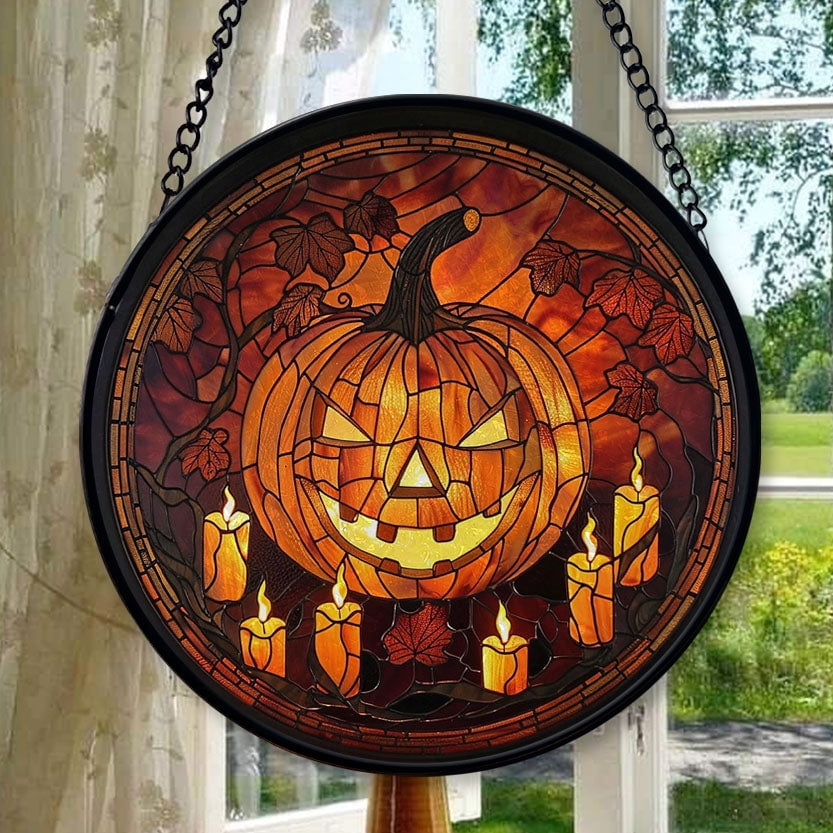 Halloween Pumpkin Stained Glass Window Hanging Sun Catcher