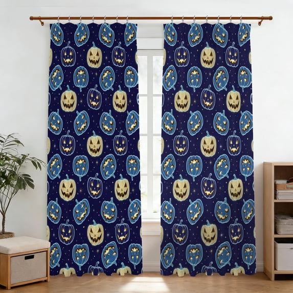 Halloween Pumpkin Star Blue Pattern Pinch Pleat Semi Sheer Linen ...