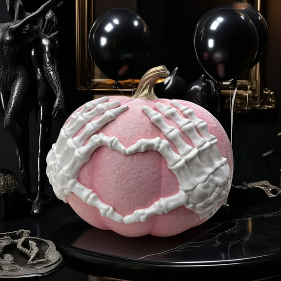 Halloween Pumpkin Statue - Gothic Skeleton Hand Resin Decor for Home, Table & Holiday Displays - Day of The Dead, Thanksgiving Spooky Season Decorations - Dopamine-Colored Unique Sculpture Gift