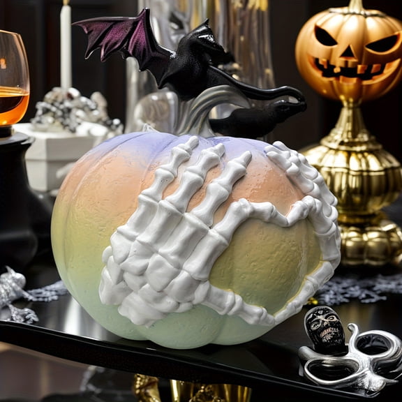 Halloween Pumpkin Statue - Gothic Skeleton Hand Resin Decor for Home, Table & Holiday Displays - Day of The Dead, Thanksgiving Spooky Season Decorations - Dopamine-Colored Unique Sculpture Gift