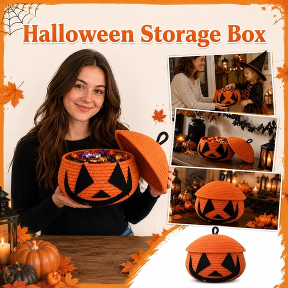 Halloween Pumpkin Storage Basket with Lid, Cotton Rope Woven Organizer for Living Room Coffee Table, Decorative Seasonal Container for Home Organization, 1Pack