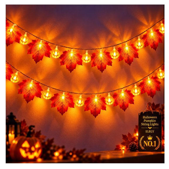 Halloween Pumpkin String Lights 10Ft 20LED Operated Jack O Lantern Maple Leaf Garland Warm Orange Waterproof Fairy Lighting Indoor Outdoor Porch Mantel Window Party Fall Decor Autumn