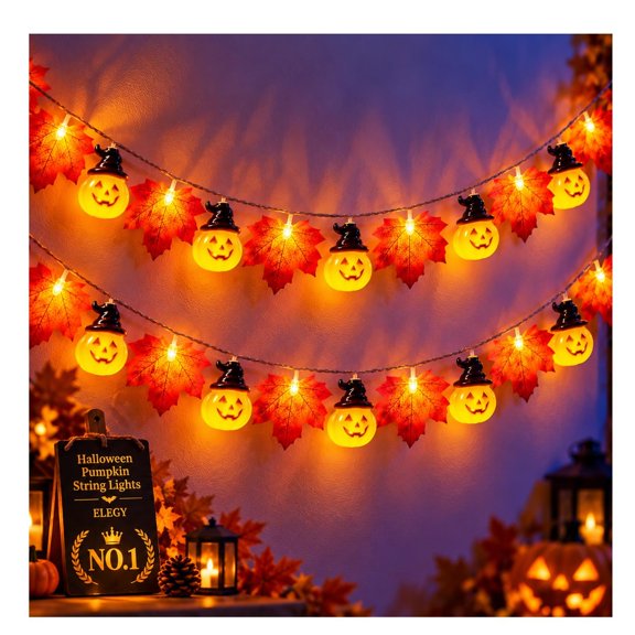 Halloween Pumpkin String Lights 10Ft 20LED Operated Jack O Lantern Maple Leaf Garland Warm Orange Waterproof Fairy Lighting Indoor Outdoor Porch Mantel Window Party Fall Decor Autumn