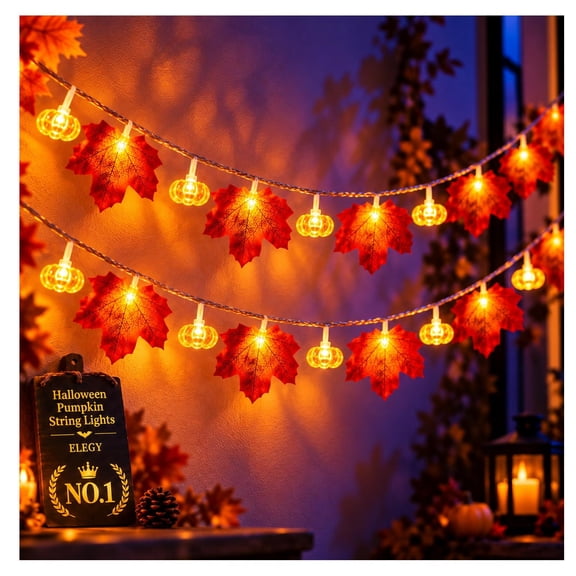 Halloween Pumpkin String Lights 10Ft 20LED Operated Jack O Lantern Maple Leaf Garland Warm Orange Waterproof Fairy Lighting Indoor Outdoor Porch Mantel Window Party Fall Decor Autumn