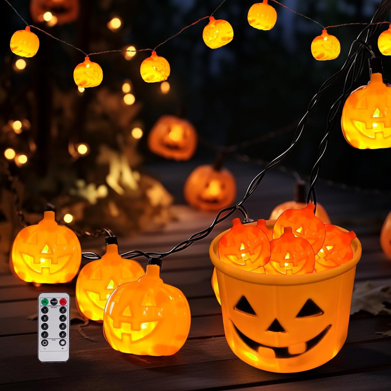 Halloween Pumpkin String Lights with Pumpkin Candy Bucket, 30 LED 16.4ft, 8 Modes Timer