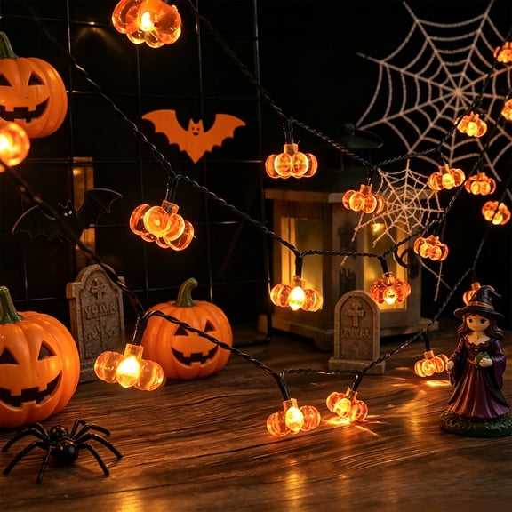 Halloween Pumpkin String Lights Crystal Pumpkin LED Fairy Lights Battery Operated Orange Pumpkin Hanging Decoration Halloween Party Window Mantel Home Decor Warm Glow