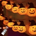 thumbnail image 1 of Halloween Pumpkin String Lights with Witch Hat, 20 LED 16.4FT 8 Modes Timer 3D Waterproof Orange Jack-O-Lantern Battery Operated Flickering Lights for Indoor Outdoor Decor Party Decorations, 1 of 8