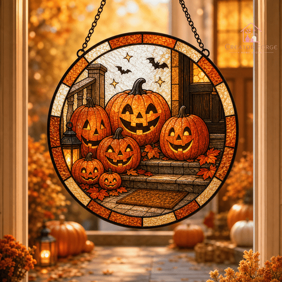 Halloween Pumpkin Suncatcher, Cozy Autumn Stained Glass Front Steps Window Decor