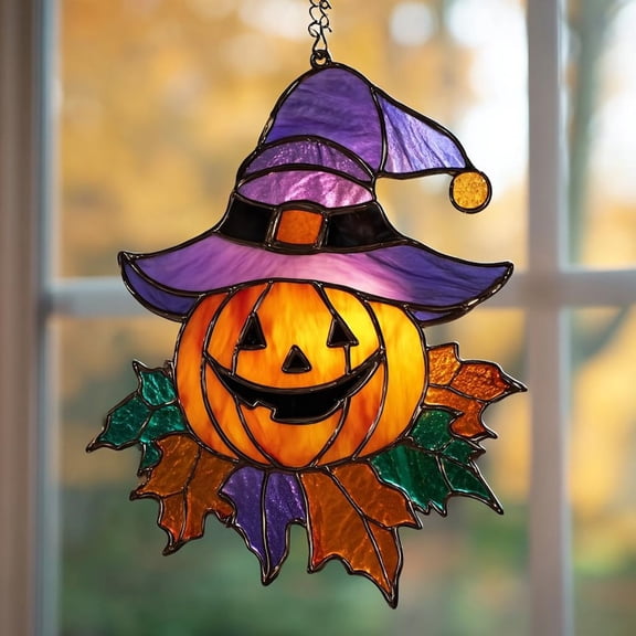 Halloween Pumpkin Suncatcher with Witch Hat: Spooky Fall Window Decor