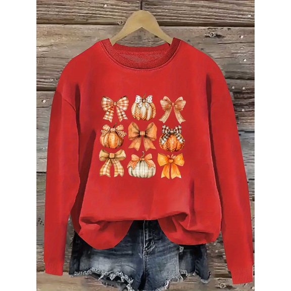 [Halloween Pumpkin Sweatshirt] Halloween Pumpkin Bow Print Women's Crew Neck Sweatshirt | Casual All-Season Top,  Fall & Spring Fashion