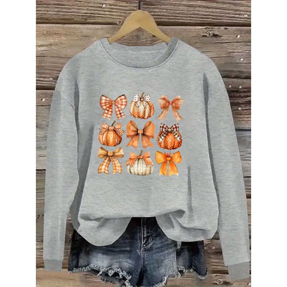 [Halloween Pumpkin Sweatshirt] Halloween Pumpkin Bow Print Women's Crew Neck Sweatshirt | Casual All-Season Top,  Fall & Spring Fashion