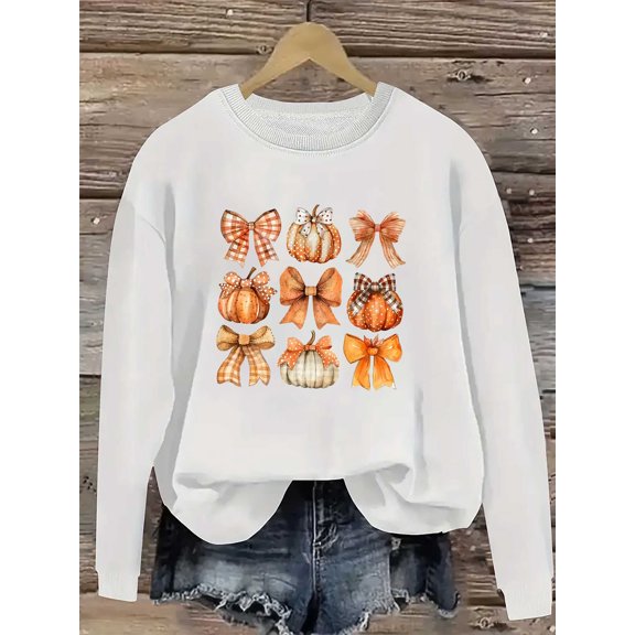 [Halloween Pumpkin Sweatshirt] Halloween Pumpkin Bow Print Women's Crew Neck Sweatshirt | Casual All-Season Top,  Fall & Spring Fashion
