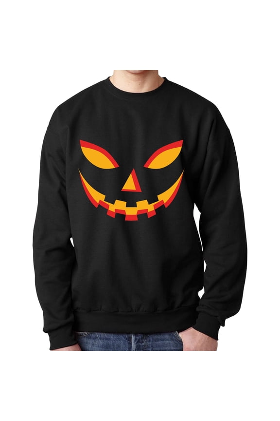Halloween Pumpkin Sweatshirt for Unisex Size-5XL, Scary Jack O Lantern Face Print Crewneck Black Pullover Fleece Sweatshirt, 50/50 Cotton/Polyester