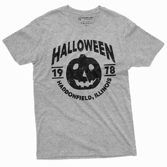 Halloween Pumpkin T-Shirt Movie Popular Culture 1978 Haddonfield, Illinois Tee Shirt (4X-Large Grey)