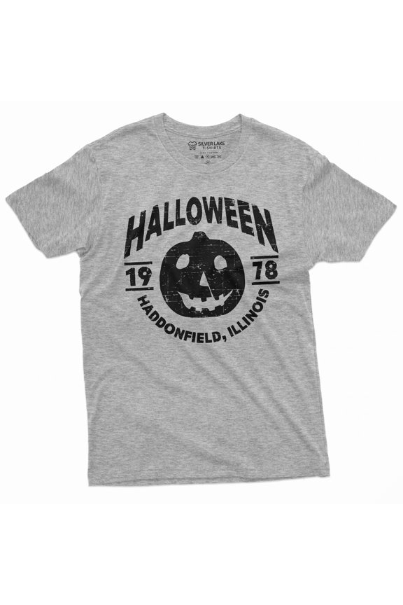 Halloween Pumpkin T-Shirt Movie Popular Culture 1978 Haddonfield, Illinois Tee Shirt (Small Grey)