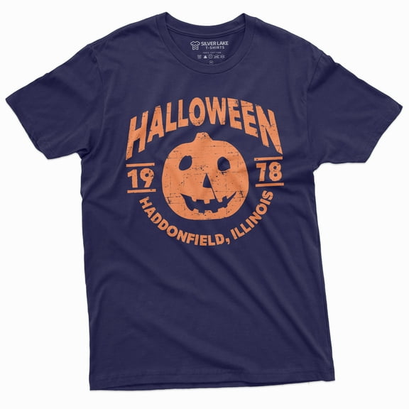 Halloween Pumpkin T-Shirt Movie Popular Culture 1978 Haddonfield, Illinois Tee Shirt (Xx-Large Navy Blue)