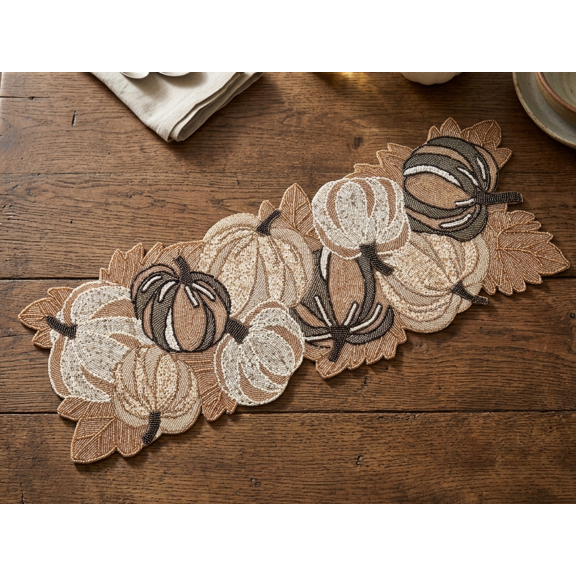 Halloween Pumpkin Table Topper, Beaded Fall Table Runner, Autumn Tableware 13X36 Inch