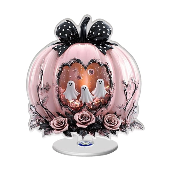 Halloween Pumpkin Tabletop Decor Acrylic Ghost Pumpkin Sign with Rhinestone Bow Glam Spooky Centerpiece for Shelf Mantel Entryway Party Display