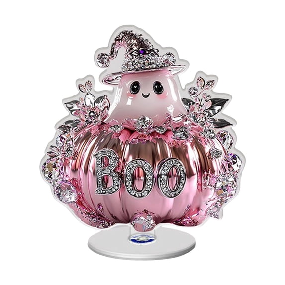 Halloween Pumpkin Tabletop Decor Acrylic Ghost Pumpkin Sign with Rhinestone Bow Glam Spooky Centerpiece for Shelf Mantel Entryway Party Display
