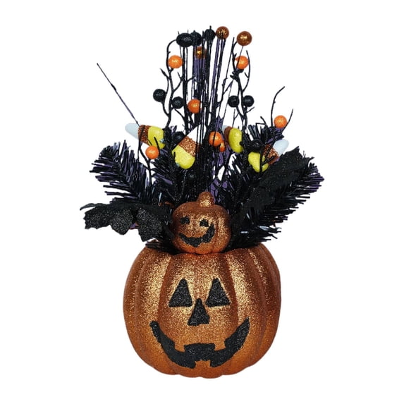 Halloween Pumpkin Tabletop Decoration - Style D (Gold Glitter Floral Insert) - Versatile Figurine for Indoor, Outdoor, or Party Centerpiece Fall Decor