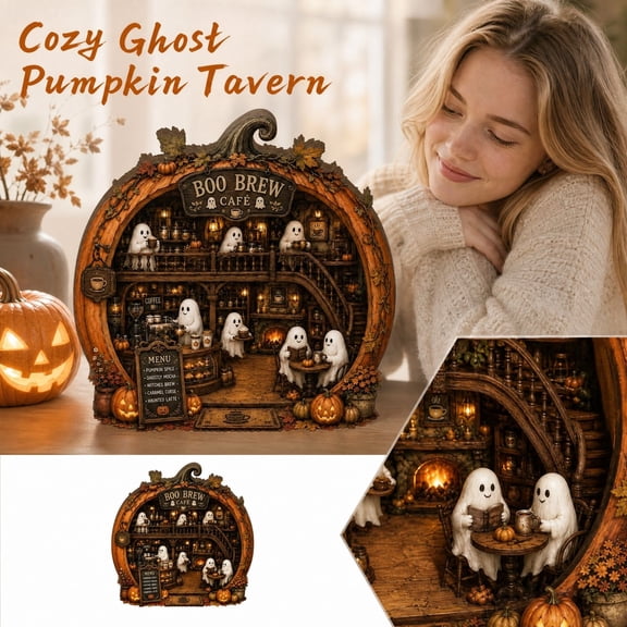 Halloween Pumpkin Tavern Diorama Figurine, Boo Brew Cafe Ghost Mini Scene, Fall Halloween Home Decor