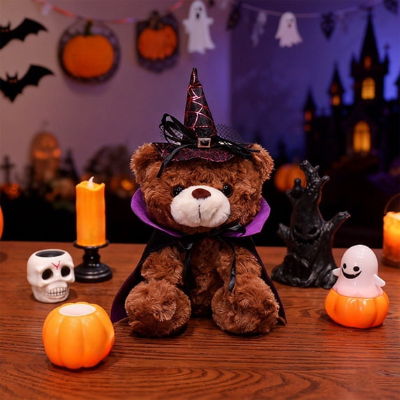 Halloween Pumpkin Teddy Bear Plush Toy, Cream Soft Stuffed Animal with Mini Pumpkin Hat, Cute Holiday Decor for Bedroom Shelf