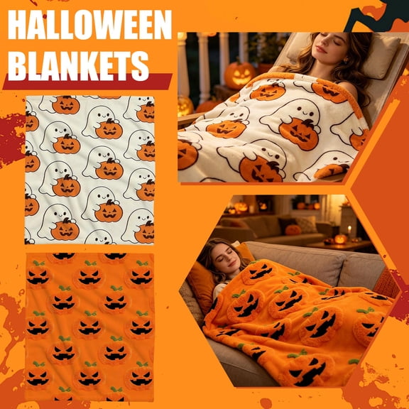 Halloween Pumpkin Throw Blanket 40x28 Inch Cozy Ghost Fleece Blanket for Couch Sofa Soft Lightweight Decorative Bedding for Holiday Fall Party, 1Pack Orange
