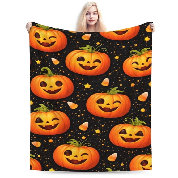 Halloween Pumpkin Throw Blanket, Festive Jack O Lantern Pattern, Soft Fleece Blanket for Sofa, Bed, Fall Home Decor 50x40