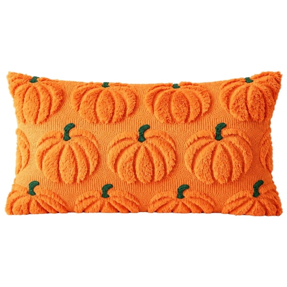 Halloween Pumpkin Throw Pillow Cover with Plush Tufted Design, 12X20 Inches, Orange, for Living Room Couch, Decorative Lumbar Pillow Cover