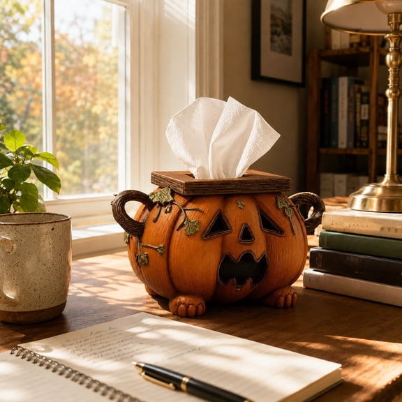 Halloween Pumpkin Tissue Box Cover, Decorative Resin Jack O Lantern Tissue Holder with Carved Face and Textured Details, Fall Tabletop Ornament for Bathroom, Living Room and Thanksgiving Decor