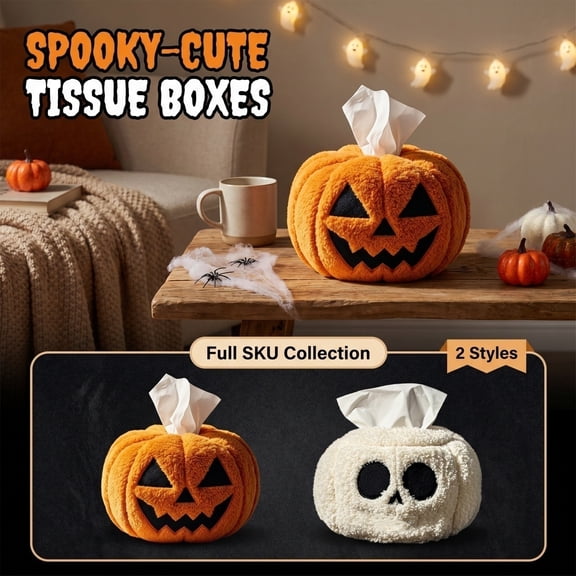 Halloween Pumpkin Tissue Box Cover, Plush Skeleton Facial Tissue Holder, Soft PP Cotton Decorative Organizer for Living Room, Bedroom, Party Tabletop Decor