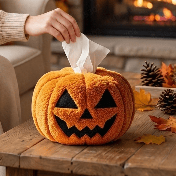 Halloween Pumpkin Tissue Box Holder, Soft Pumpkin Tissue Box Facial Paper Dispenser Cover, Decorative Spooky Autumn Holiday Organizer for Home Table Counter