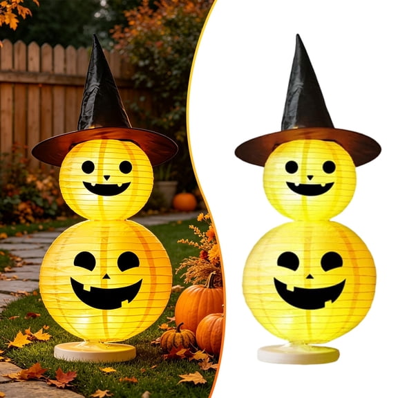 Halloween Pumpkin Tower Light Up Decor With Witch Hat, LED Jack O Lantern Stack For Front Porch Yard Indoor Outdoor Holiday Decoration