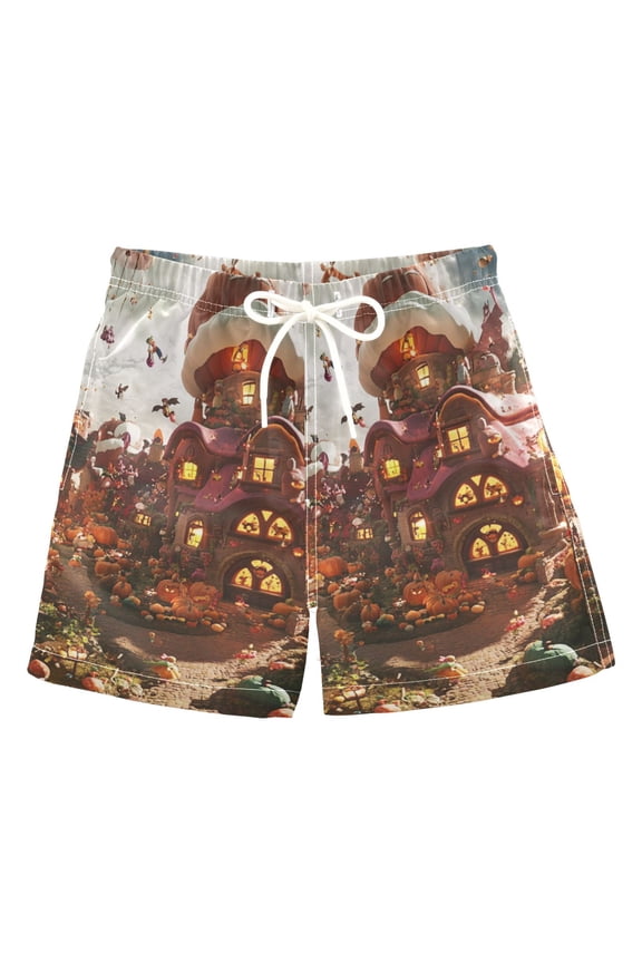 Halloween Pumpkin Town Boys Swim Trunks Quick Dry Boy Swim Shorts for 3-14 Years